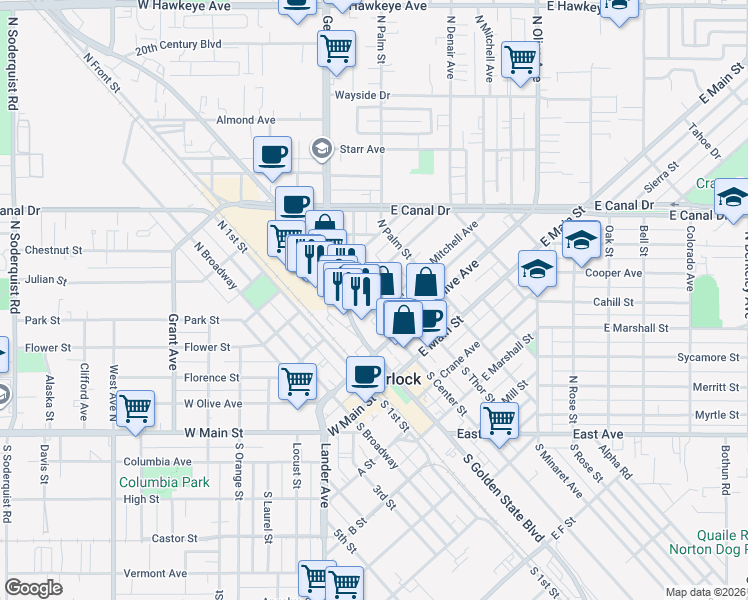 map of restaurants, bars, coffee shops, grocery stores, and more near 334 North Center Street in Turlock