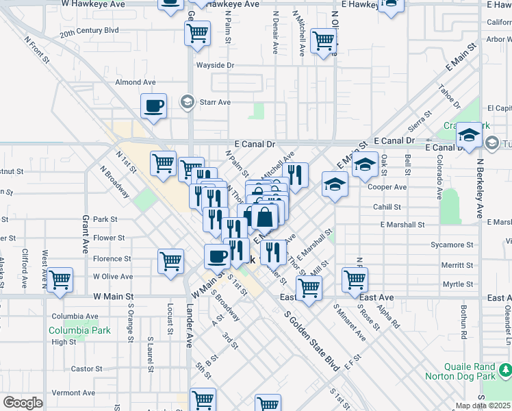 map of restaurants, bars, coffee shops, grocery stores, and more near 432-434 East Olive Avenue in Turlock
