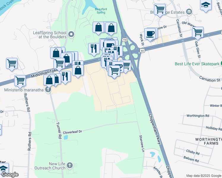 map of restaurants, bars, coffee shops, grocery stores, and more near 4616 Hopkins Road in Richmond