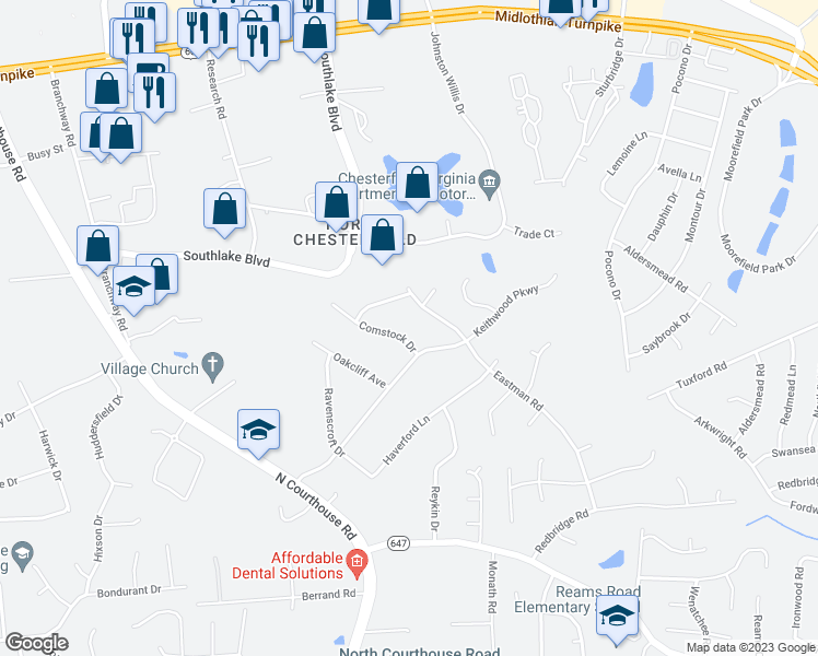 map of restaurants, bars, coffee shops, grocery stores, and more near 421 Comstock Drive in Richmond