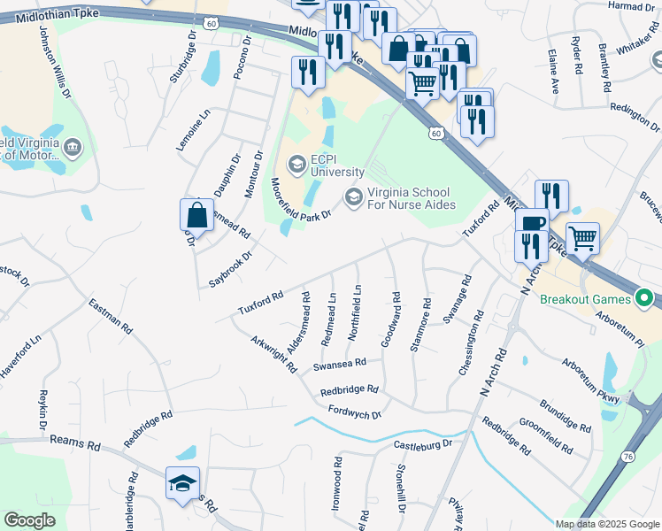 map of restaurants, bars, coffee shops, grocery stores, and more near 9770 Tuxford Road in Richmond