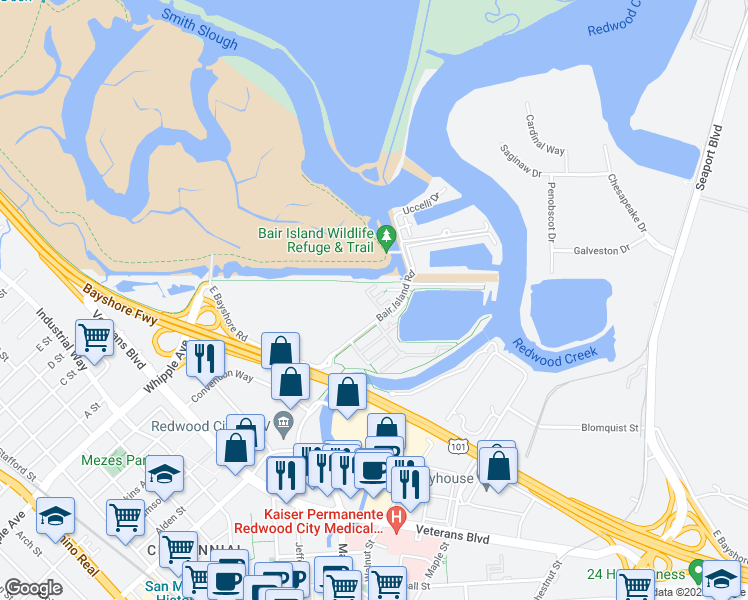map of restaurants, bars, coffee shops, grocery stores, and more near McNeill Drive in Redwood City