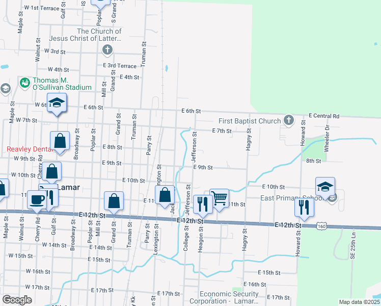 map of restaurants, bars, coffee shops, grocery stores, and more near 827 Jefferson Street in Lamar