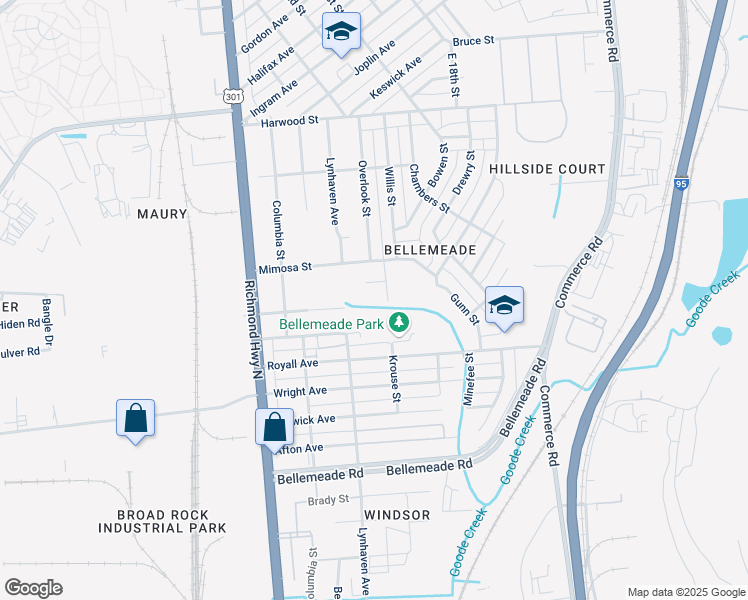 map of restaurants, bars, coffee shops, grocery stores, and more near 1613 Overlook Street in Richmond