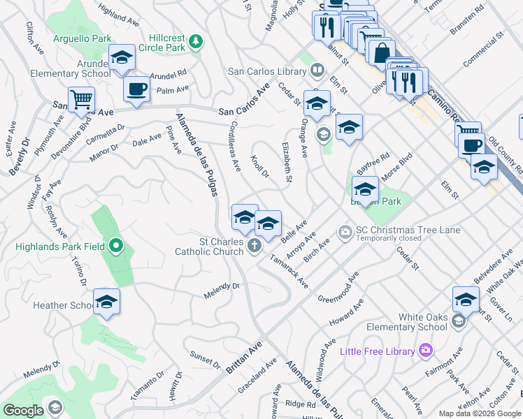 map of restaurants, bars, coffee shops, grocery stores, and more near 828 Cordilleras Avenue in San Carlos