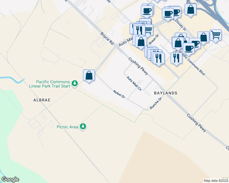map of restaurants, bars, coffee shops, grocery stores, and more near Nobel Drive in Fremont