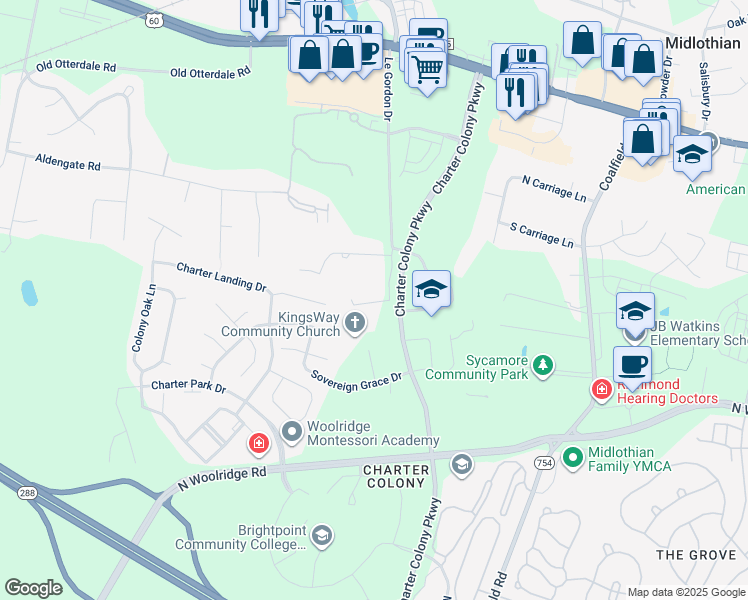 map of restaurants, bars, coffee shops, grocery stores, and more near 436 Le Gordon Drive in Midlothian