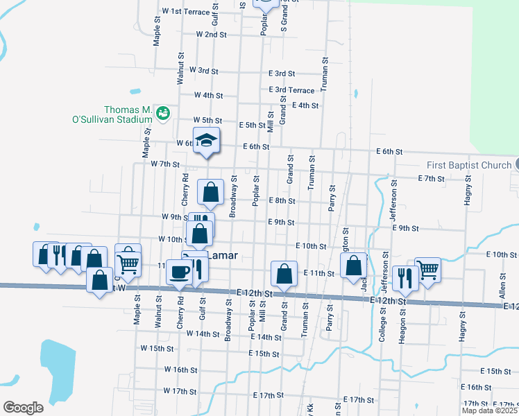map of restaurants, bars, coffee shops, grocery stores, and more near 152-198 East 9th Street in Lamar