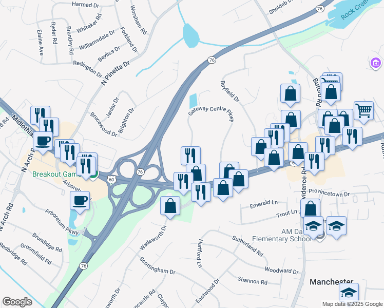 map of restaurants, bars, coffee shops, grocery stores, and more near 181 Gateway Centre Parkway in Bon Air