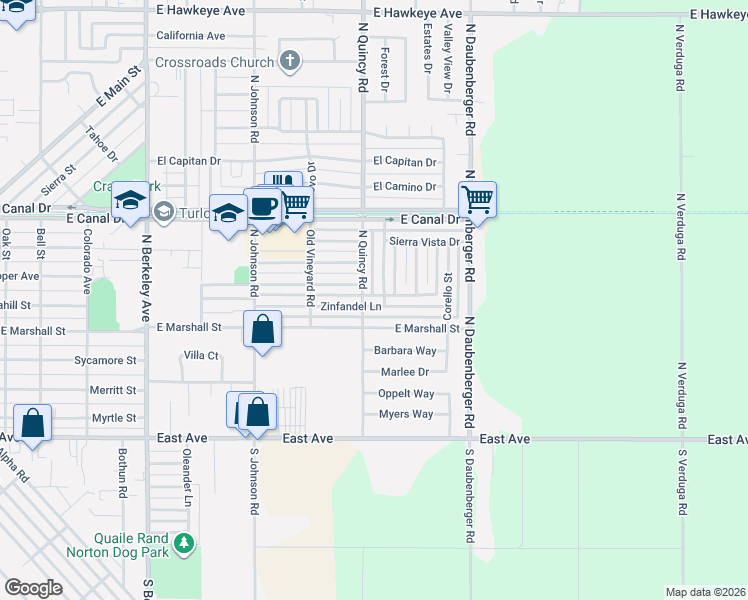 map of restaurants, bars, coffee shops, grocery stores, and more near 2490 Zinfandel Lane in Turlock