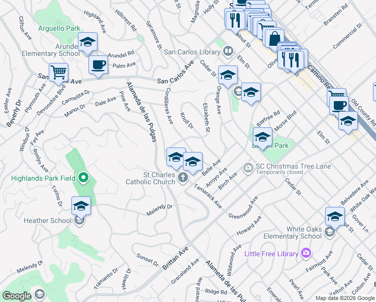 map of restaurants, bars, coffee shops, grocery stores, and more near 828 Cordilleras Avenue in San Carlos