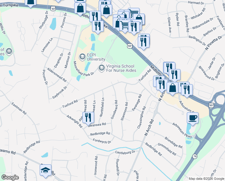 map of restaurants, bars, coffee shops, grocery stores, and more near 9700 Goodward Court in Richmond