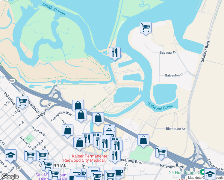 map of restaurants, bars, coffee shops, grocery stores, and more near 127 Sydney Lane in Redwood City