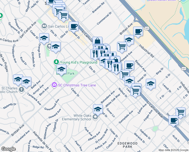 map of restaurants, bars, coffee shops, grocery stores, and more near 1423 Greenwood Avenue in San Carlos
