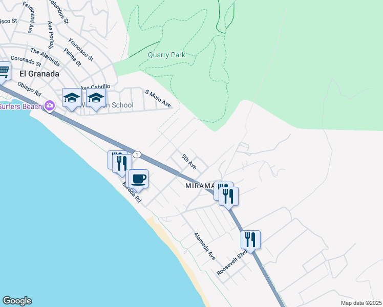 map of restaurants, bars, coffee shops, grocery stores, and more near 350 6th Avenue in Half Moon Bay