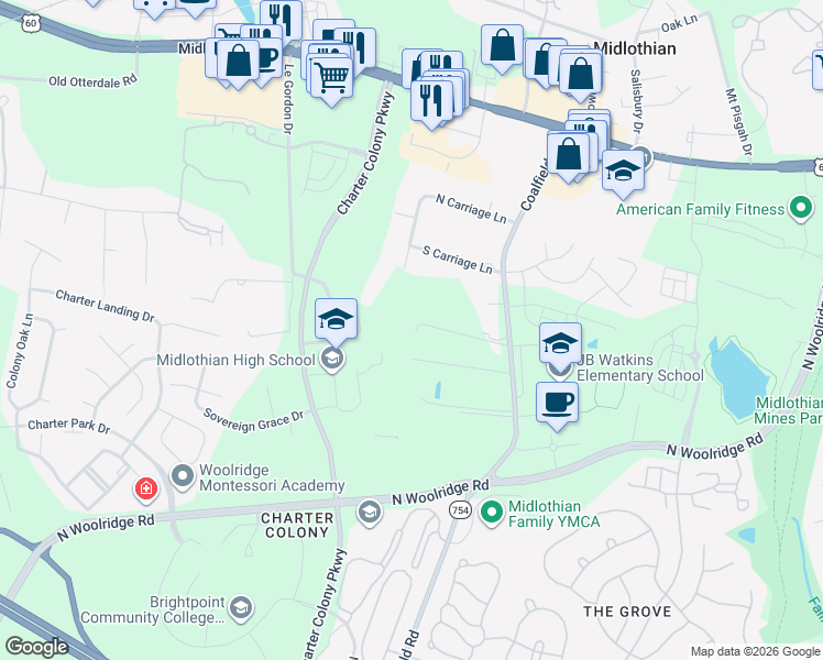 map of restaurants, bars, coffee shops, grocery stores, and more near 414 Coalfield Road in Midlothian