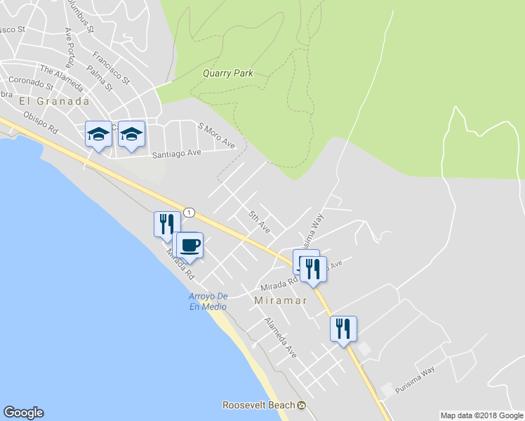 map of restaurants, bars, coffee shops, grocery stores, and more near 350 6th Avenue in Half Moon Bay