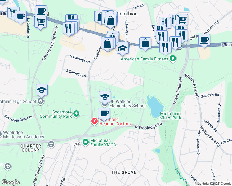 map of restaurants, bars, coffee shops, grocery stores, and more near 13713 Randolph Pond Lane in Midlothian