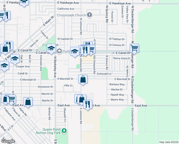 map of restaurants, bars, coffee shops, grocery stores, and more near 2080 Zinfandel Lane in Turlock