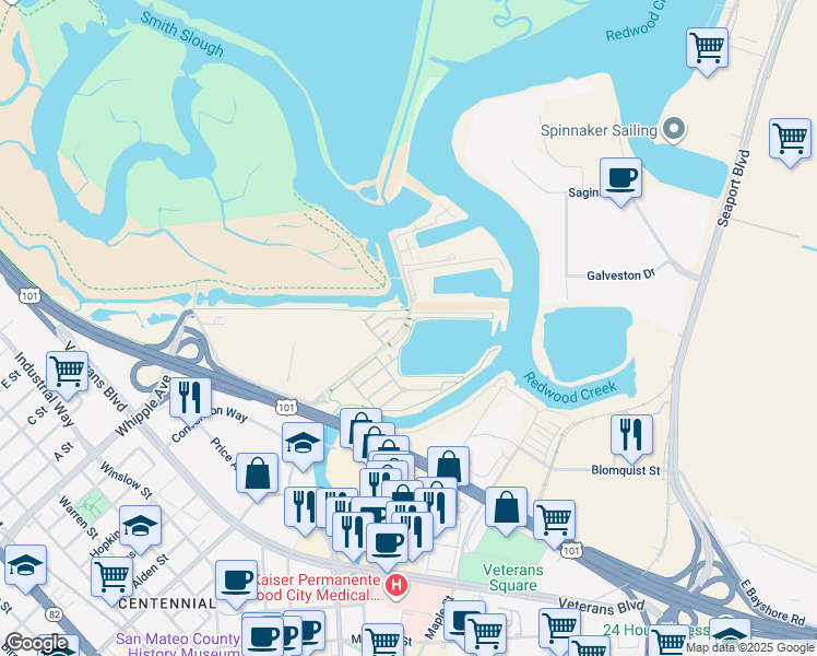 map of restaurants, bars, coffee shops, grocery stores, and more near 652 Bair Island Road in Redwood City