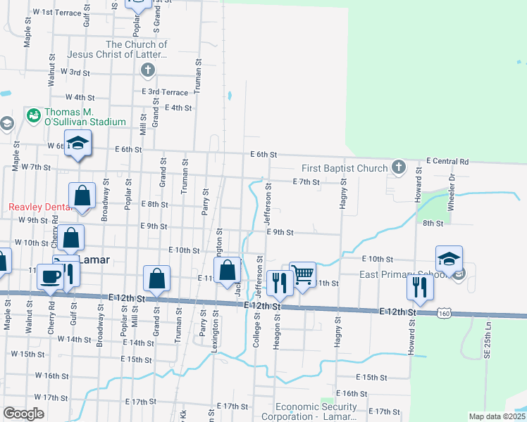map of restaurants, bars, coffee shops, grocery stores, and more near 821 Jefferson Street in Lamar