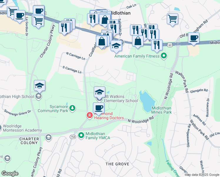map of restaurants, bars, coffee shops, grocery stores, and more near 13713 Randolph Pond Lane in Midlothian