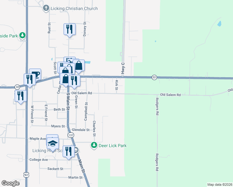 map of restaurants, bars, coffee shops, grocery stores, and more near 225 Old Salem Road in Licking