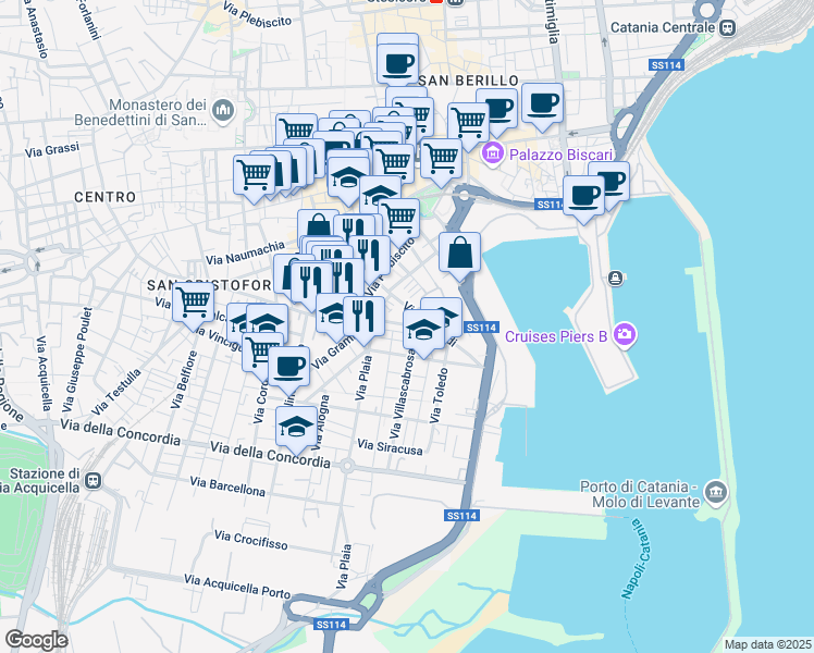 map of restaurants, bars, coffee shops, grocery stores, and more near 23-47 Via Murifabbro in Catania