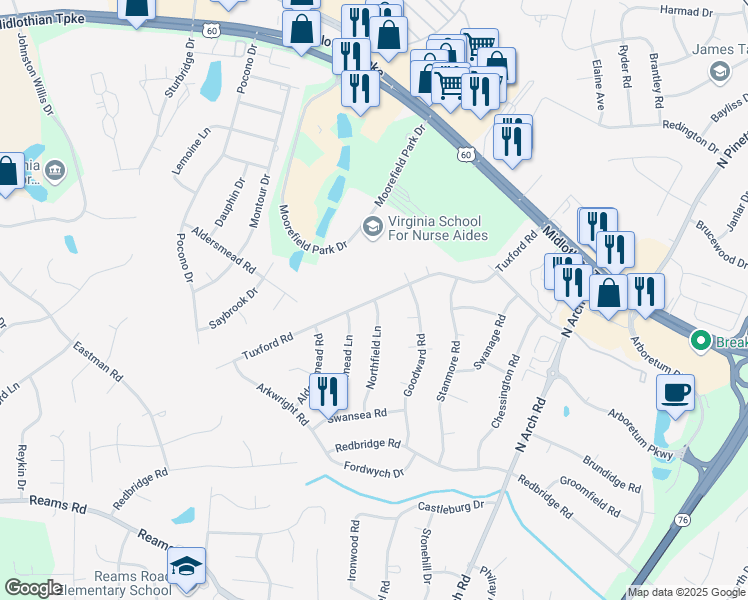 map of restaurants, bars, coffee shops, grocery stores, and more near 9730 Tuxford Road in Richmond