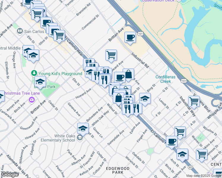 map of restaurants, bars, coffee shops, grocery stores, and more near 1410 El Camino Real in San Carlos