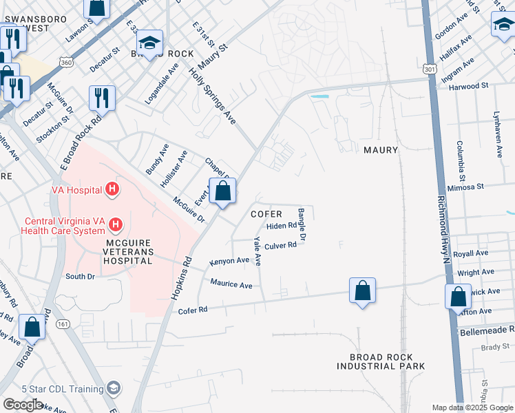 map of restaurants, bars, coffee shops, grocery stores, and more near 1401 Talbert Drive in Richmond
