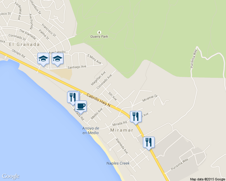 map of restaurants, bars, coffee shops, grocery stores, and more near 342 6th Avenue in Half Moon Bay