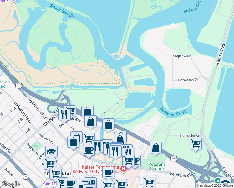 map of restaurants, bars, coffee shops, grocery stores, and more near in Redwood City