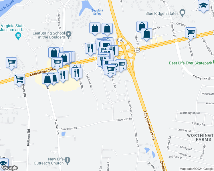 map of restaurants, bars, coffee shops, grocery stores, and more near 301 Karl Linn Drive in Richmond