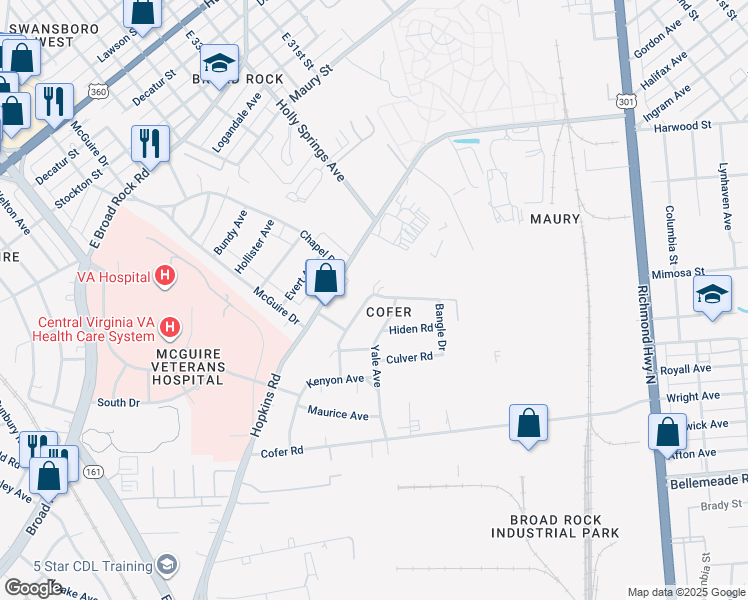 map of restaurants, bars, coffee shops, grocery stores, and more near 1401 Talbert Drive in Richmond