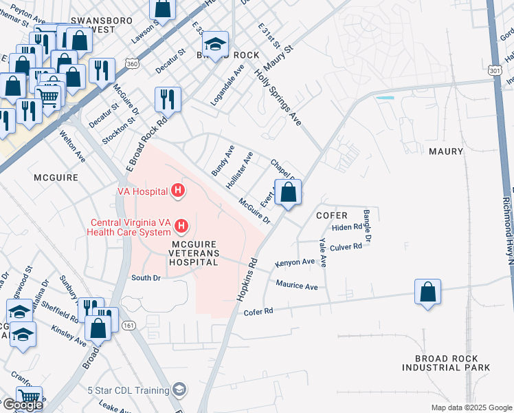 map of restaurants, bars, coffee shops, grocery stores, and more near 3334 McGuire Drive in Richmond
