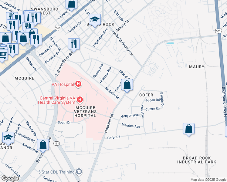 map of restaurants, bars, coffee shops, grocery stores, and more near 3334 McGuire Drive in Richmond
