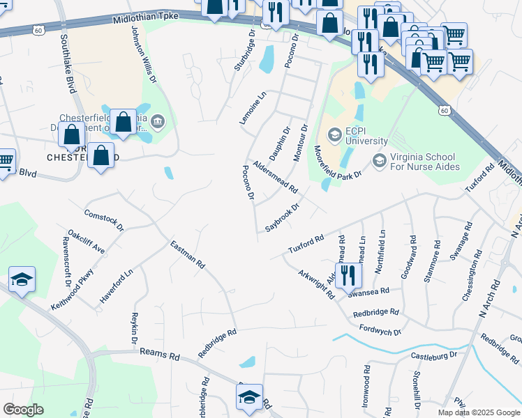 map of restaurants, bars, coffee shops, grocery stores, and more near 401 Montour Drive in Richmond
