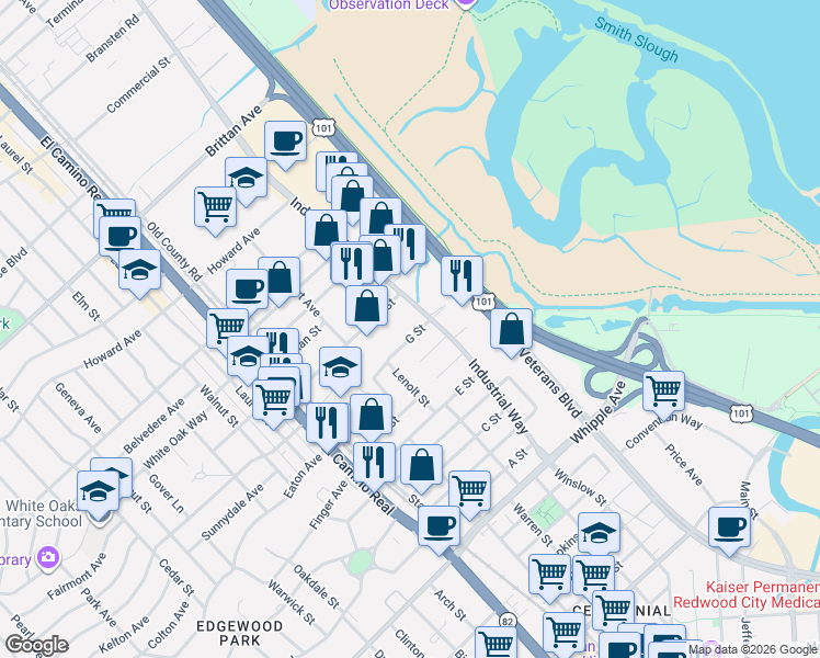 map of restaurants, bars, coffee shops, grocery stores, and more near 24 Garden Street in Redwood City