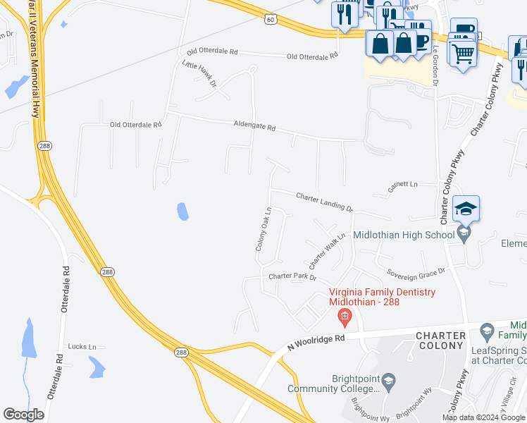 map of restaurants, bars, coffee shops, grocery stores, and more near 706 Colony Oak Lane in Midlothian