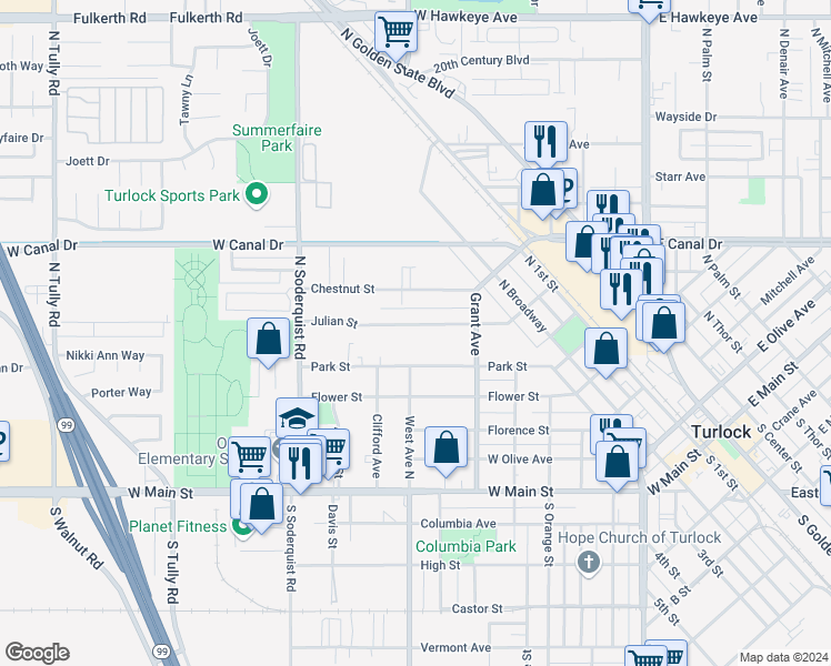 map of restaurants, bars, coffee shops, grocery stores, and more near 801 Park Street in Turlock