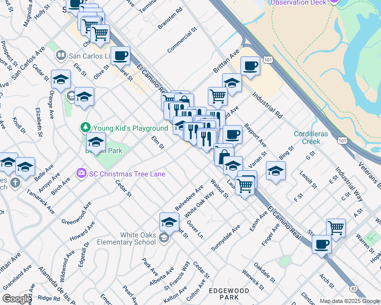 map of restaurants, bars, coffee shops, grocery stores, and more near 1332 Walnut Street in San Carlos