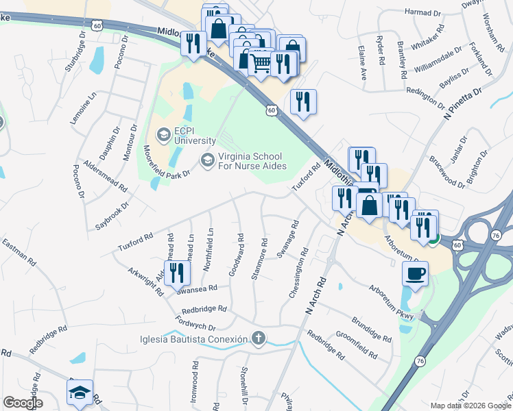 map of restaurants, bars, coffee shops, grocery stores, and more near 140 Stanmore Road in Richmond