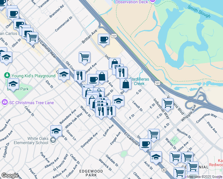 map of restaurants, bars, coffee shops, grocery stores, and more near 1001-1099 Varian St in San Carlos