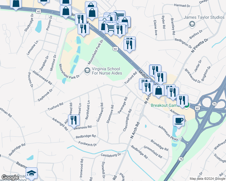 map of restaurants, bars, coffee shops, grocery stores, and more near 211 Stanmore Road in Richmond