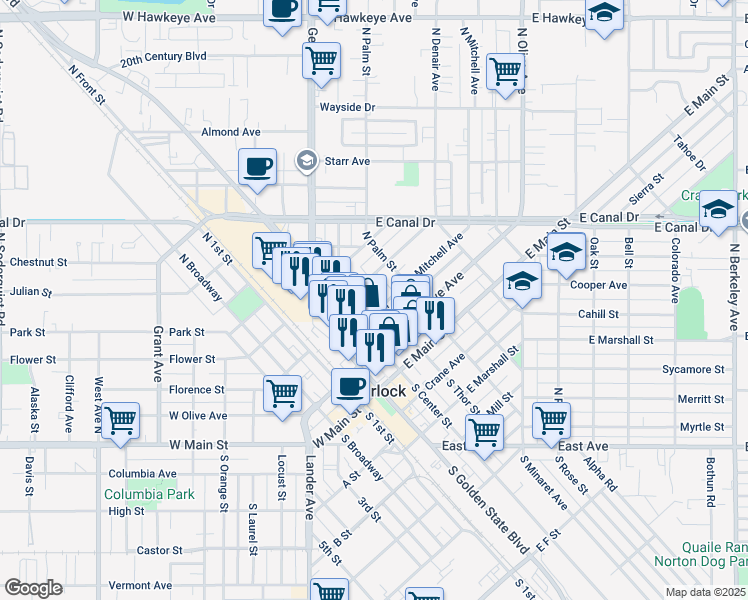 map of restaurants, bars, coffee shops, grocery stores, and more near 314 Mitchell Avenue in Turlock