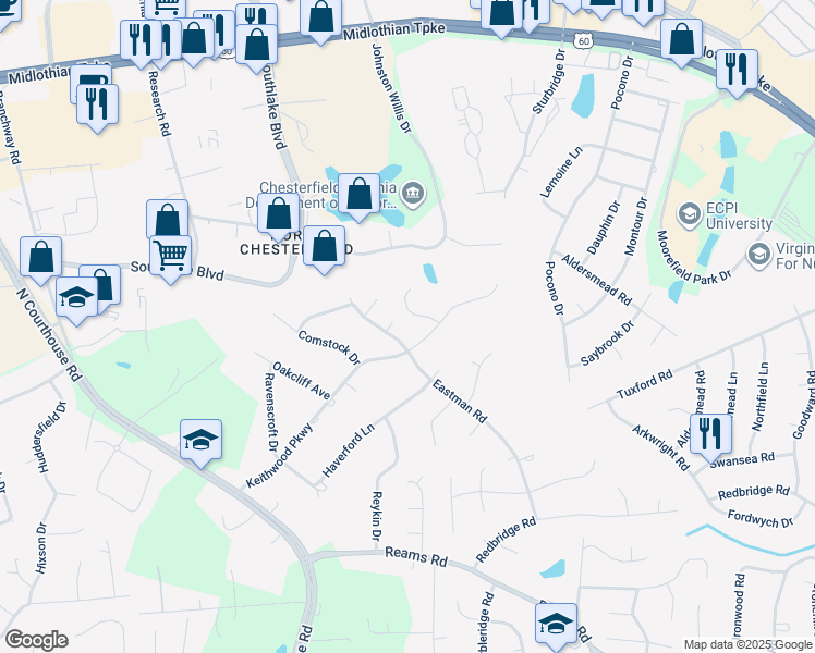 map of restaurants, bars, coffee shops, grocery stores, and more near 408 Keithwood Court in Chesterfield County