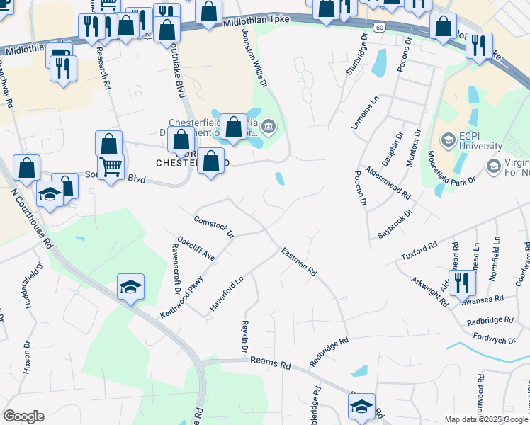 map of restaurants, bars, coffee shops, grocery stores, and more near 408 Keithwood Court in Chesterfield County