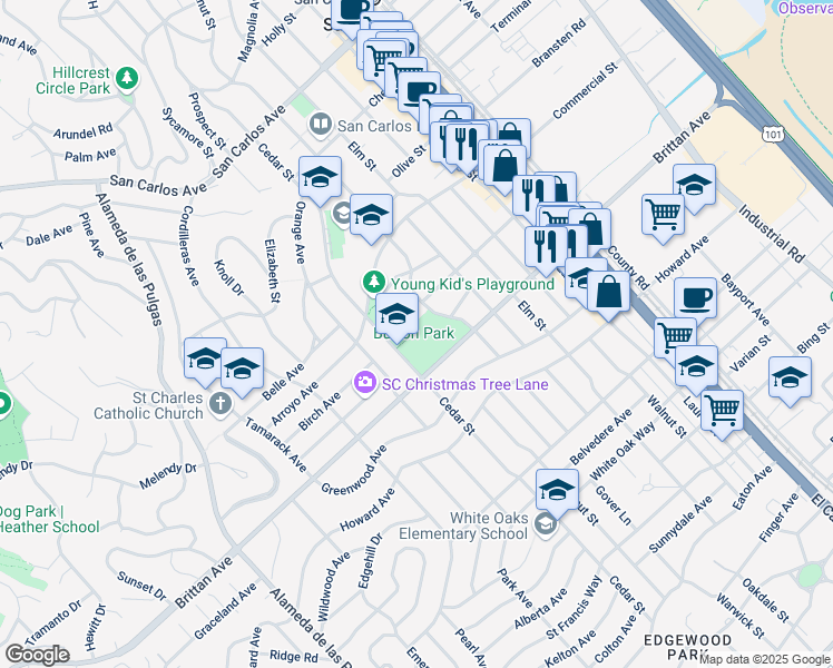 map of restaurants, bars, coffee shops, grocery stores, and more near 1017 Cedar Street in San Carlos