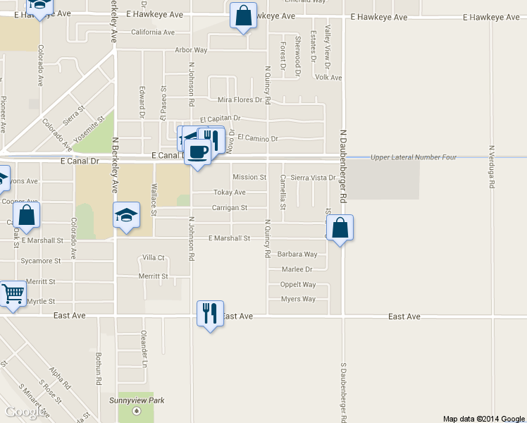 map of restaurants, bars, coffee shops, grocery stores, and more near 2360 Zinfandel Lane in Turlock